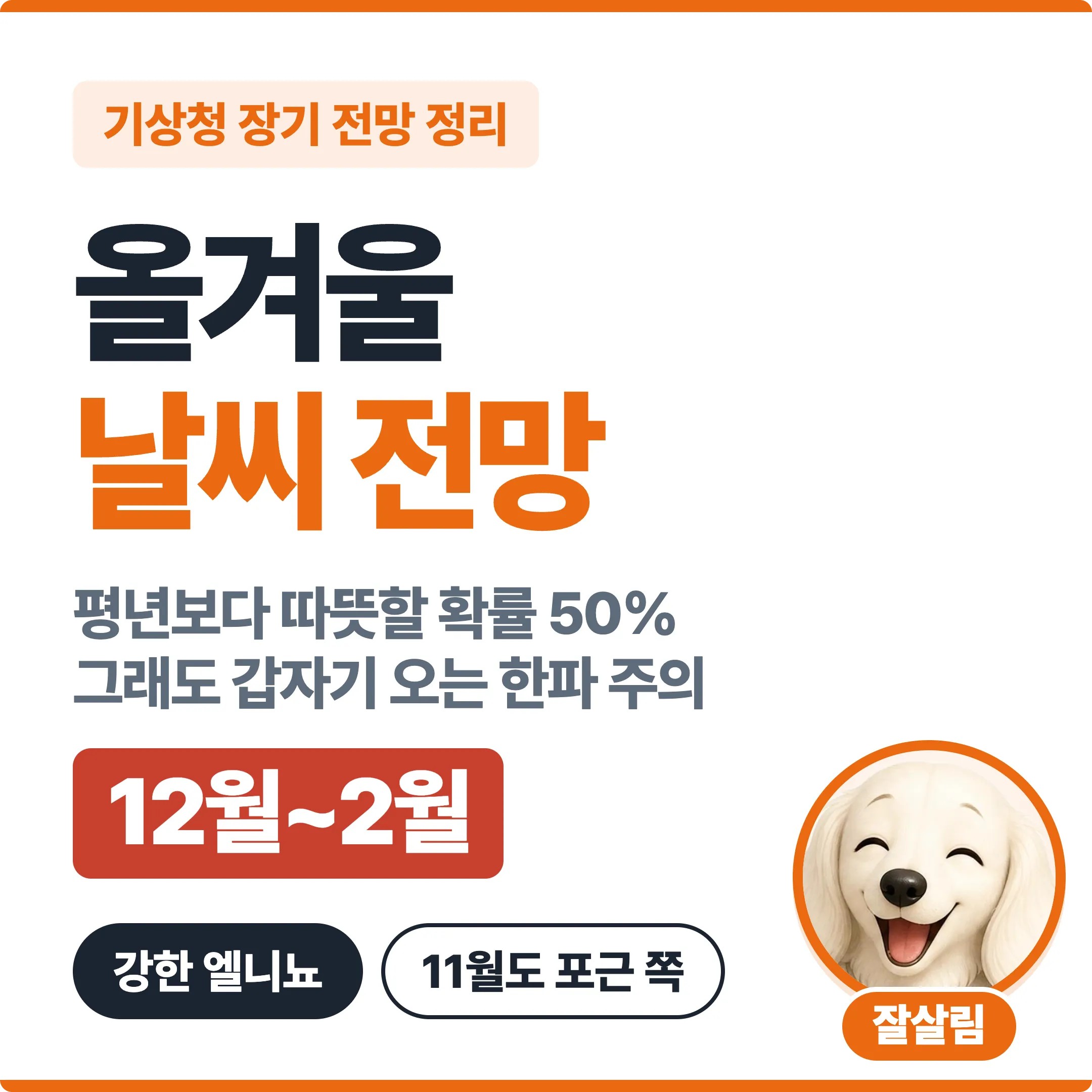 올겨울 날씨 전망, 평년보다 따뜻할 확률 50%, 12월~2월 대표 이미지