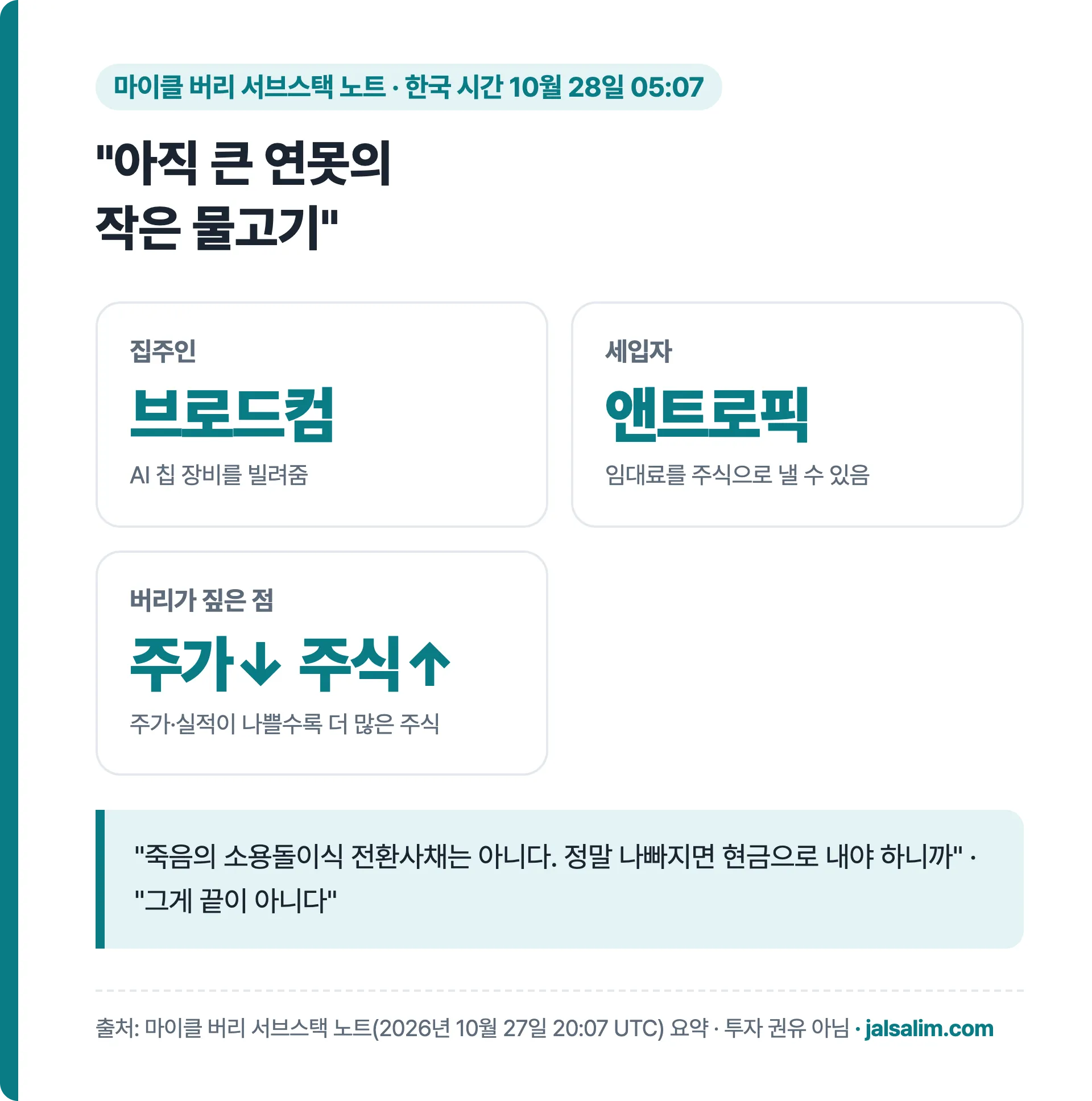 버리 노트 요약: 집주인 브로드컴, 세입자 앤트로픽, 주가와 실적이 나쁠수록 더 많은 주식