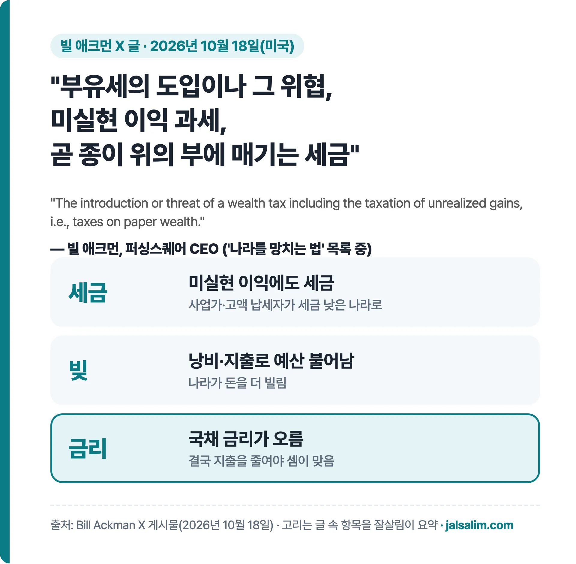 빌 애크먼 인용: 부유세의 도입이나 그 위협, 미실현 이익 과세, 곧 종이 위의 부에 매기는 세금