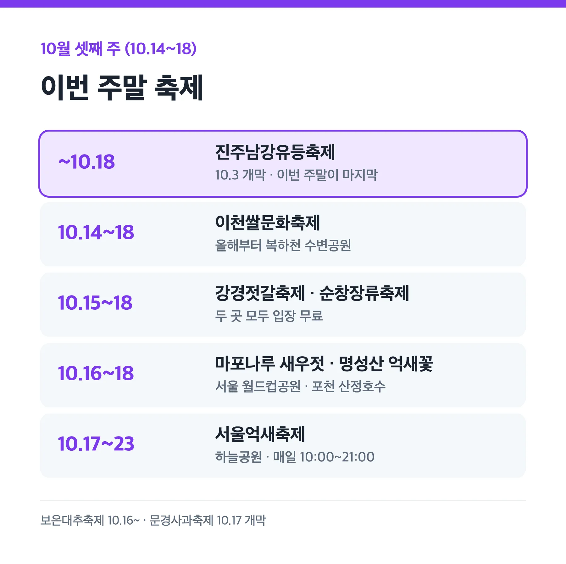 10월 셋째 주 진주유등·이천쌀·강경젓갈·순창장류·마포 새우젓·명성산 억새·서울억새축제 일정 카드