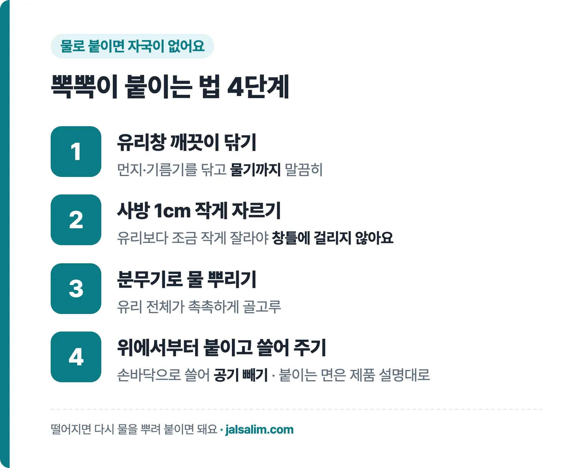 뽁뽁이 붙이는 법 4단계, 유리창 닦기, 사방 1cm 작게 자르기, 분무기로 물 뿌리기, 위에서부터 붙이고 쓸어 주기