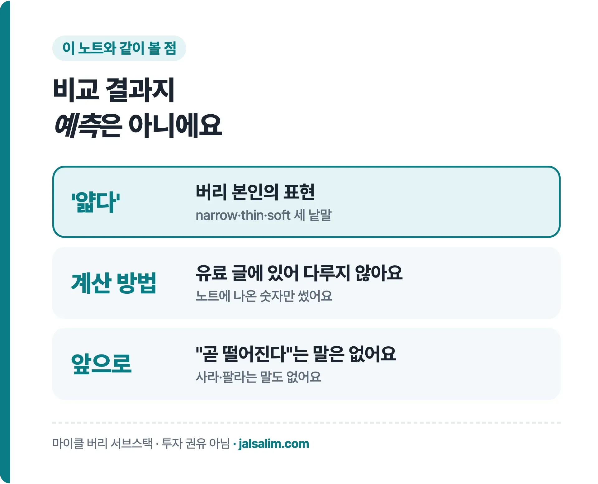 이 노트와 같이 볼 점, 얇다는 버리 본인 표현, 계산 방법은 유료 글, 곧 떨어진다는 말은 없음