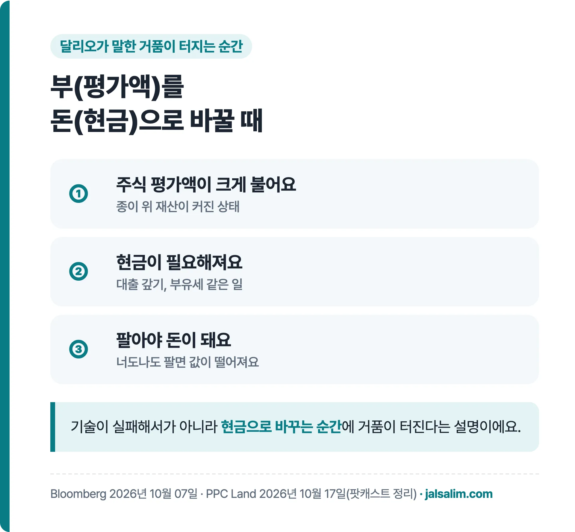 거품이 터지는 순간: 평가액이 불어남, 현금이 필요해짐, 팔아야 돈이 됨