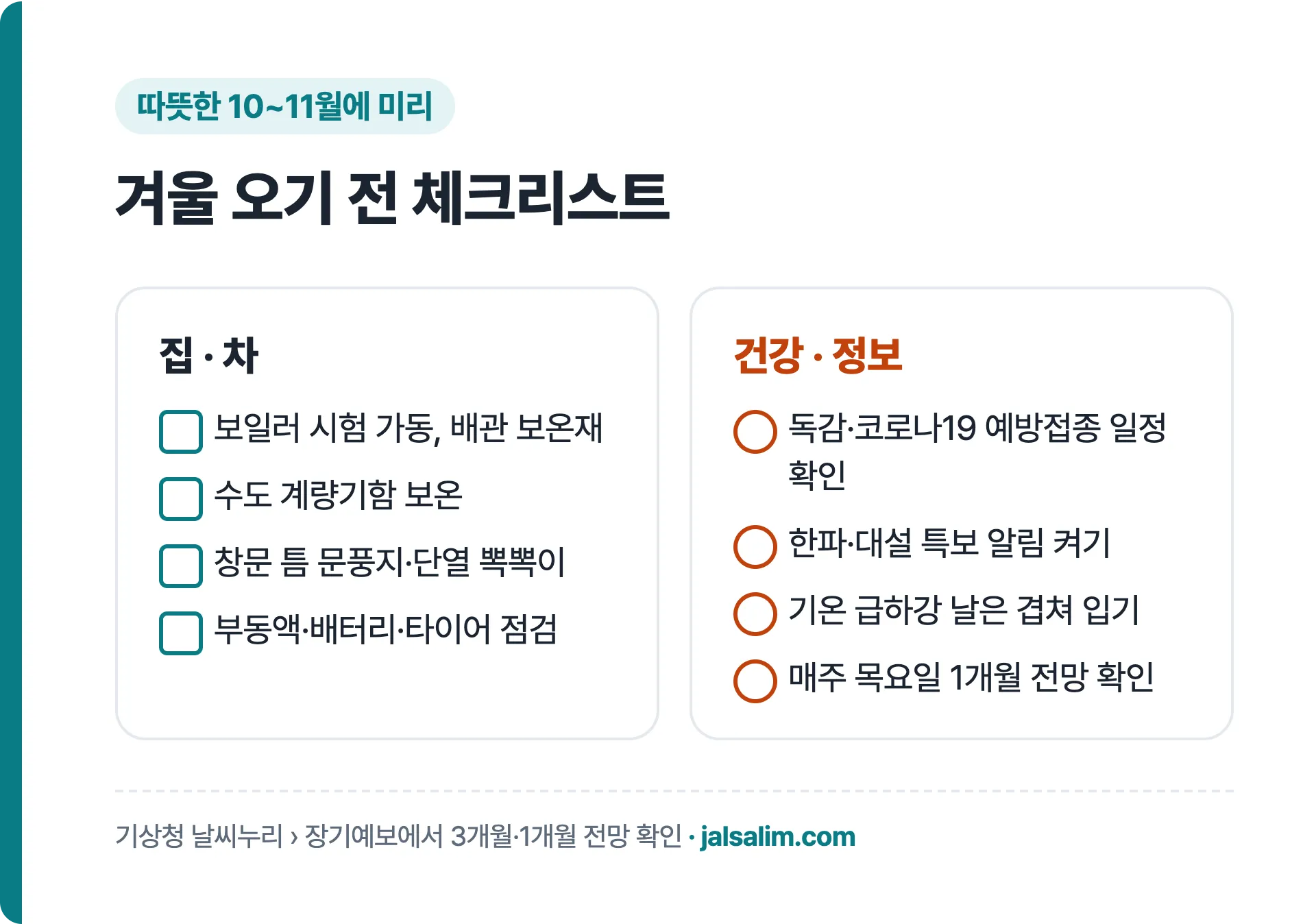 겨울 오기 전 체크리스트, 보일러 시험 가동, 수도 계량기 보온, 부동액·타이어 점검, 특보 알림 켜기