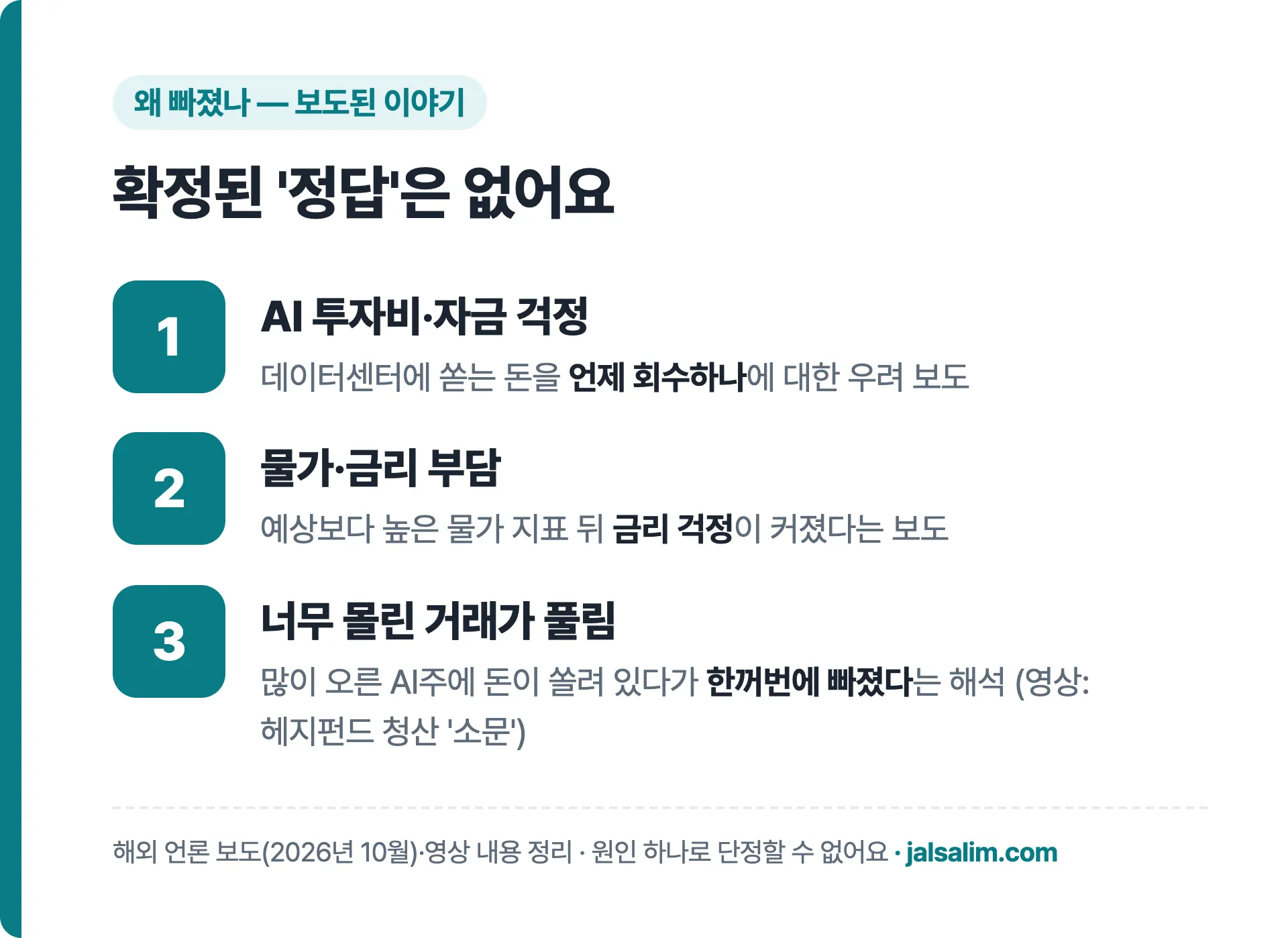 왜 빠졌나: AI 투자비 걱정, 물가·금리 부담, 너무 몰린 거래가 풀림
