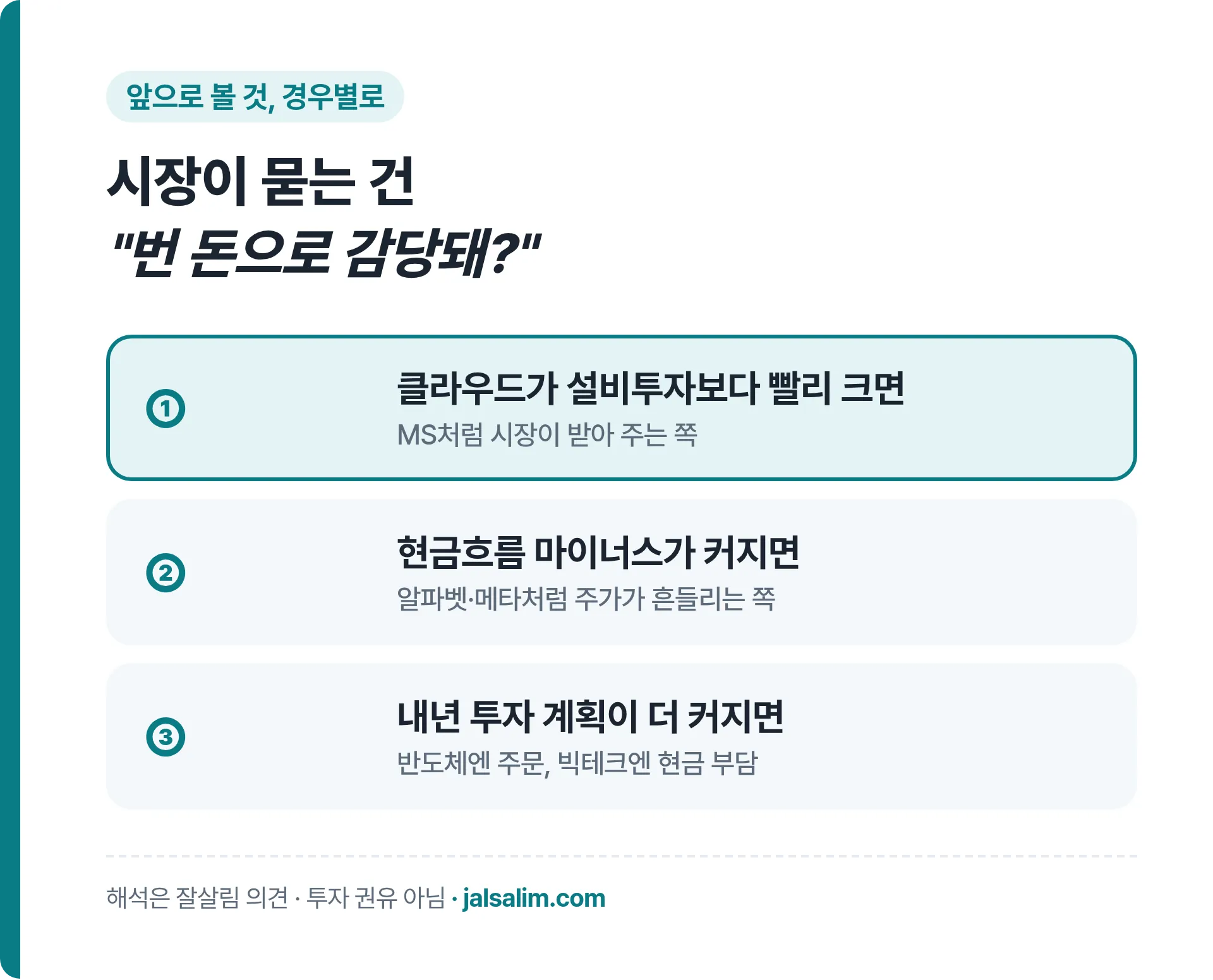 앞으로 볼 것 경우별로, 클라우드가 설비투자보다 빨리 크면, 현금흐름 마이너스가 커지면, 내년 투자 계획이 더 커지면