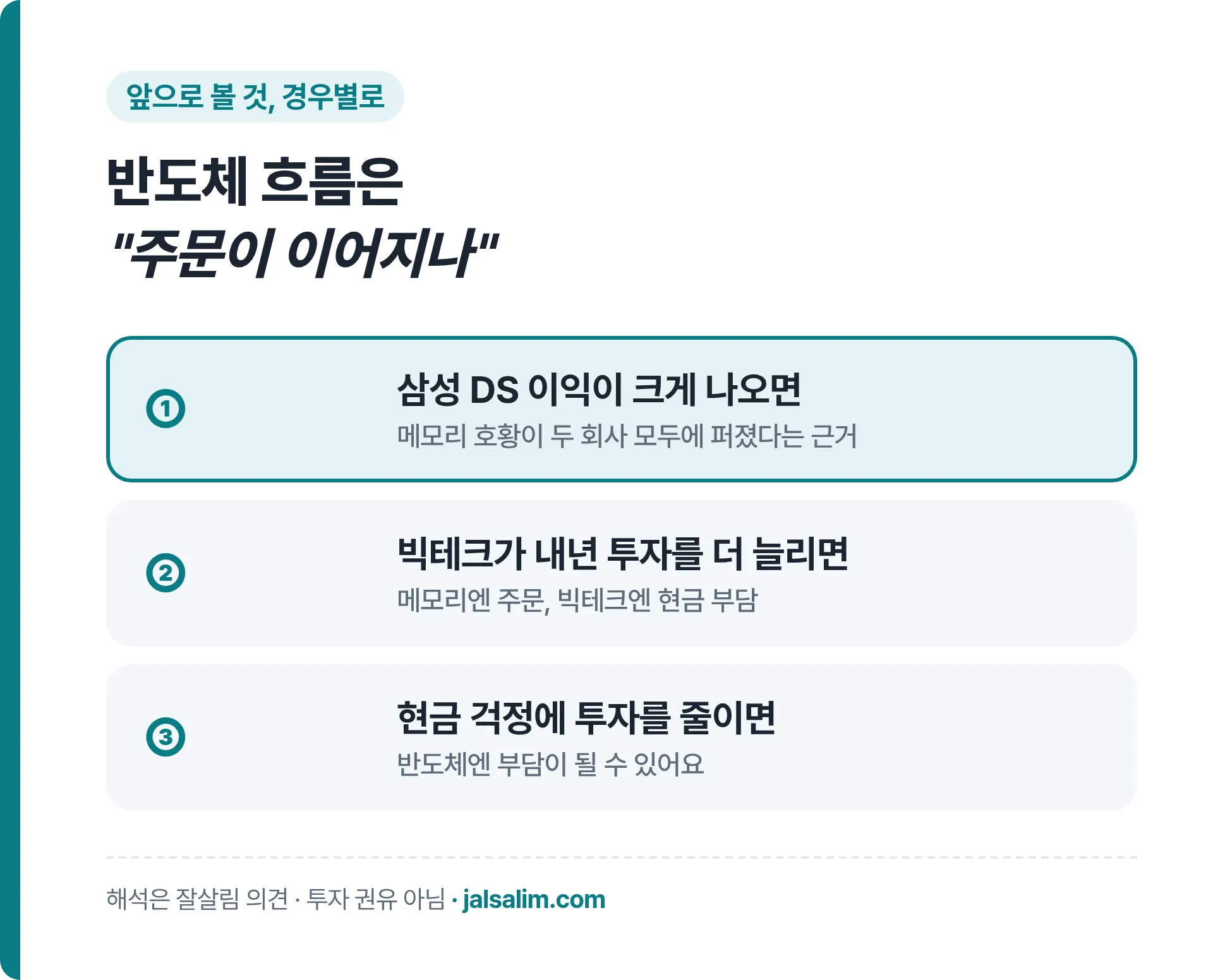 앞으로 볼 것 경우별로, 삼성 DS 이익이 크게 나오면, 빅테크가 내년 투자를 더 늘리면, 현금 걱정에 투자를 줄이면