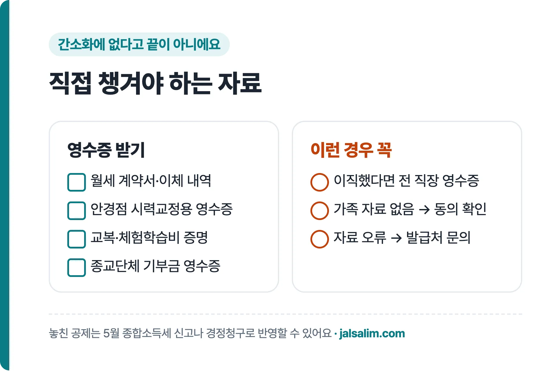 연말정산 간소화 서비스에 나오지 않아 직접 챙겨야 하는 자료 목록