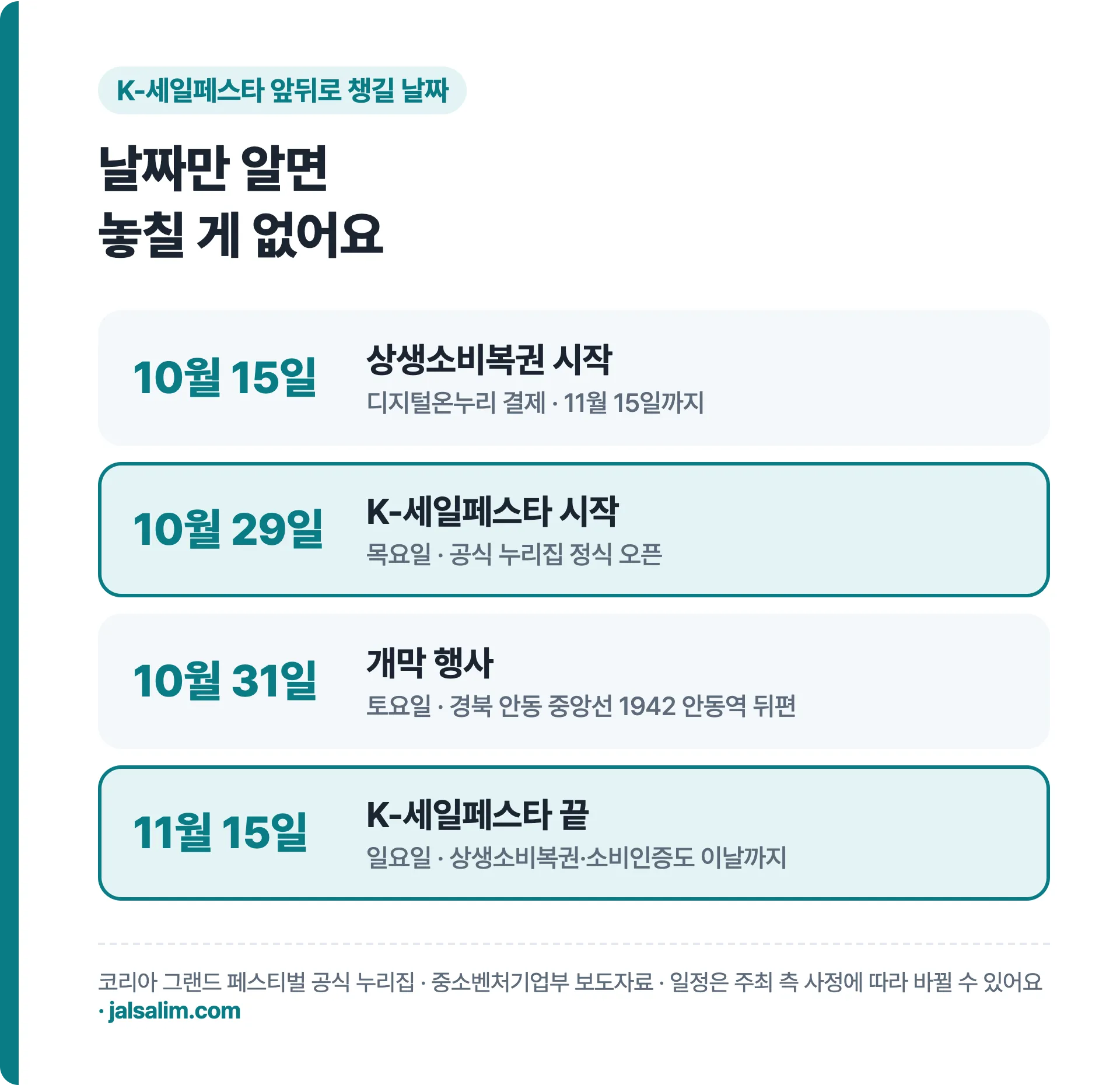 10월 15일 상생소비복권 시작, 10월 29일 K-세일페스타 시작, 10월 31일 안동 개막, 11월 15일 끝