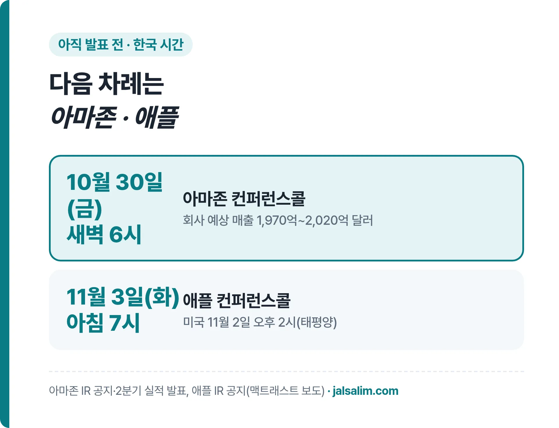 다음 차례는 아마존 10월 30일 금요일 새벽 6시, 애플 11월 3일 화요일 아침 7시 컨퍼런스콜
