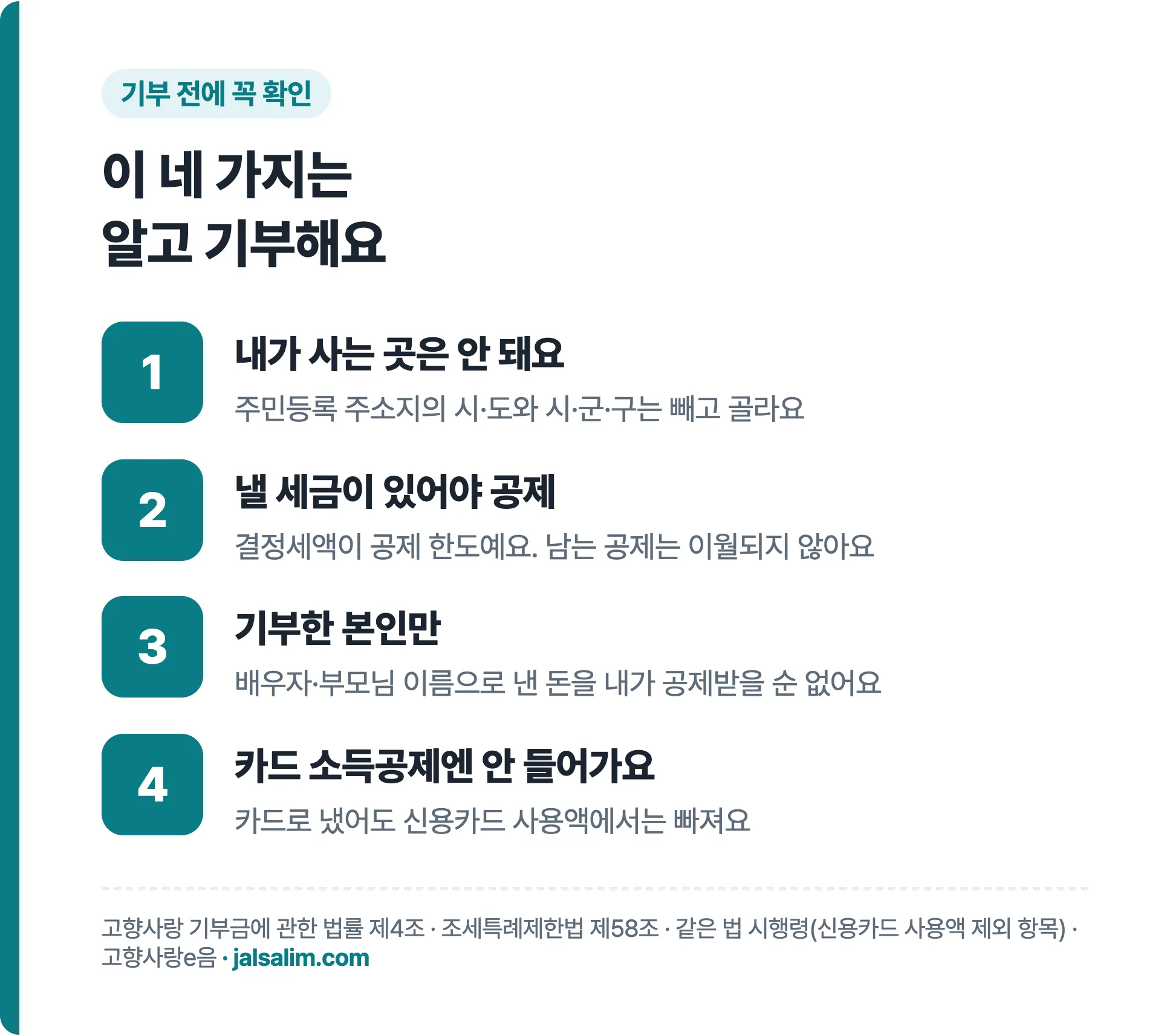 기부 전에 꼭 확인 네 가지 사는 곳은 안 돼요, 낼 세금이 있어야 공제, 기부한 본인만, 카드 소득공제 제외