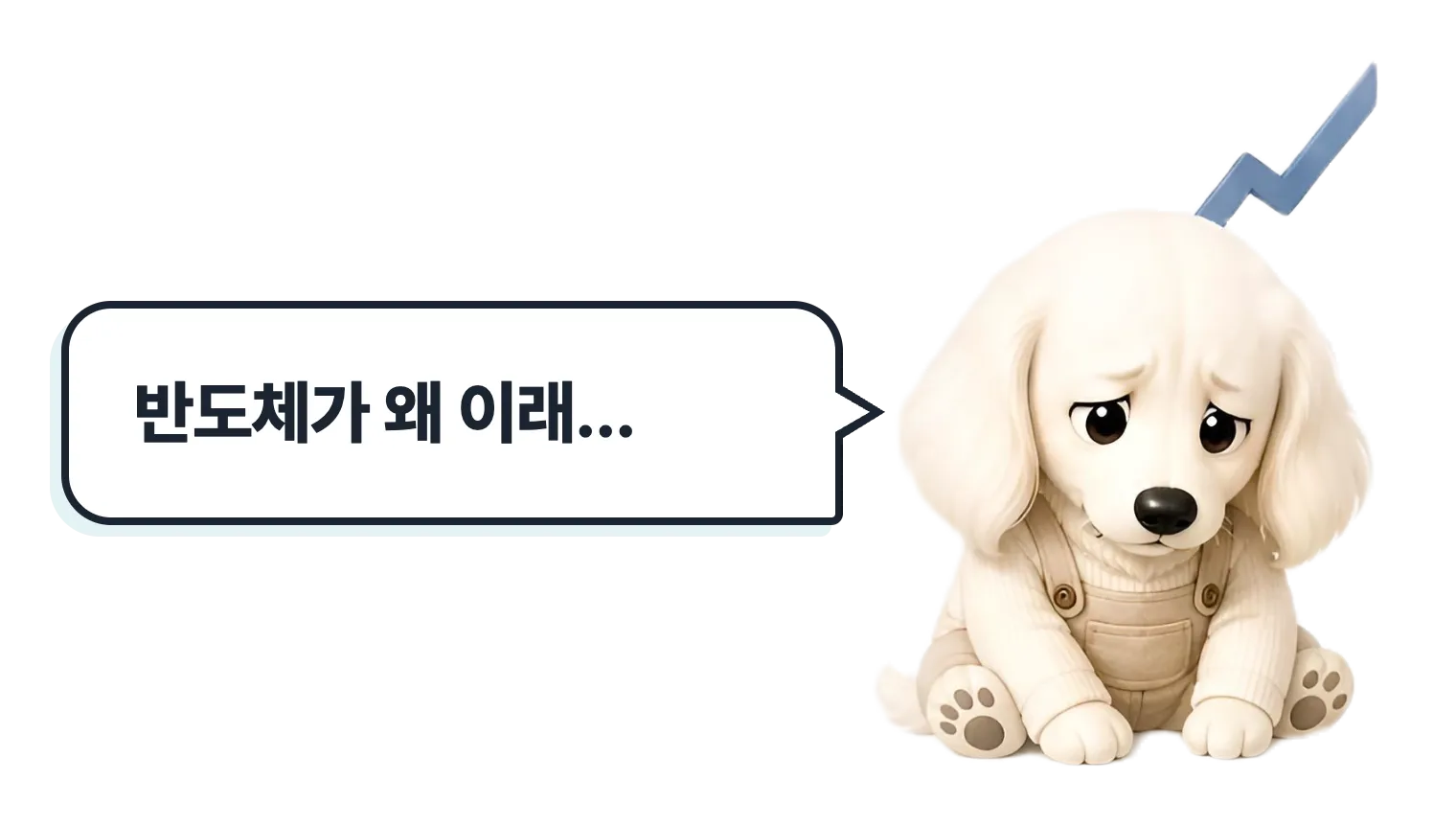 주가 하락 화면 앞의 닥스훈트 캐릭터: 반도체가 왜 이래…