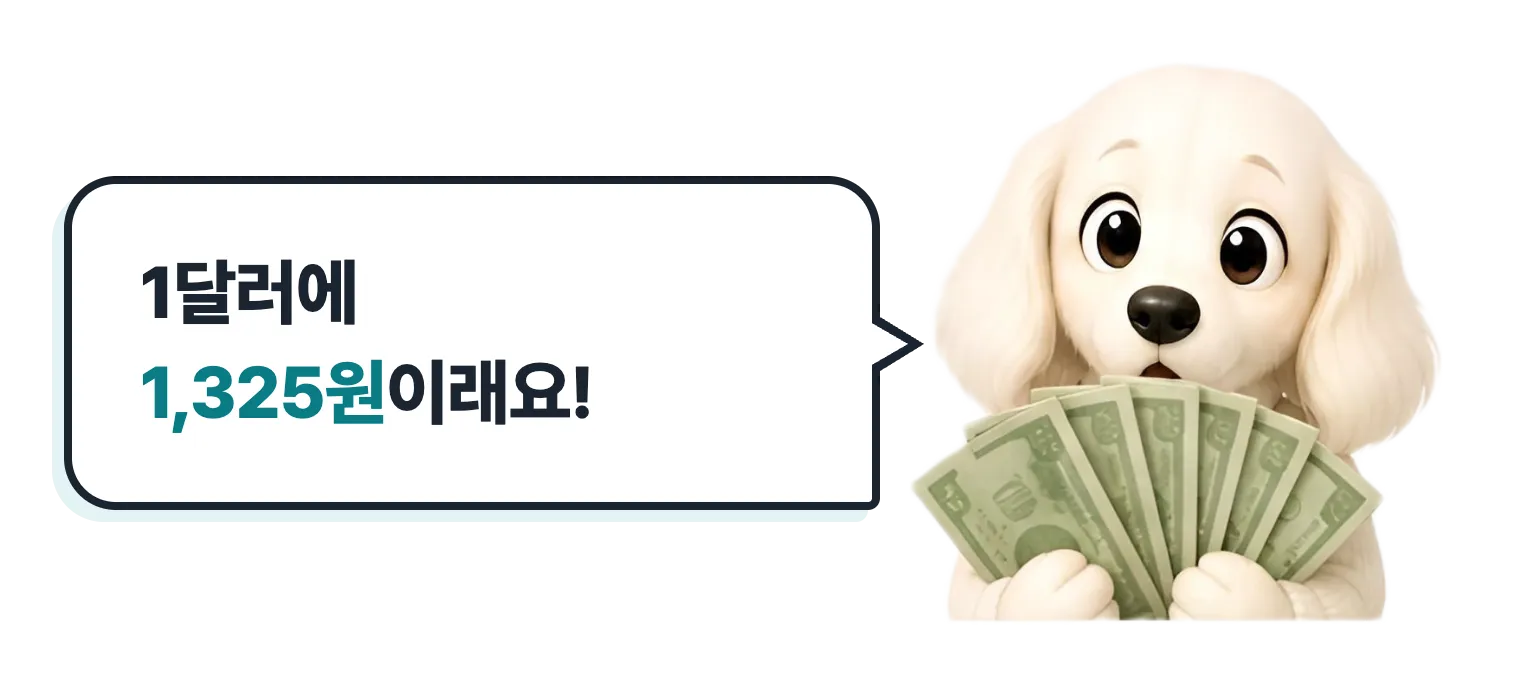 지폐를 든 닥스훈트 캐릭터: 1달러에 1,325원이래요
