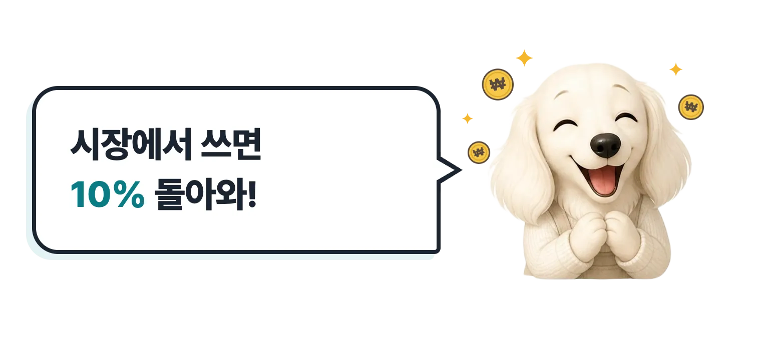 신난 닥스훈트 캐릭터: 시장에서 쓰면 10% 돌아와!