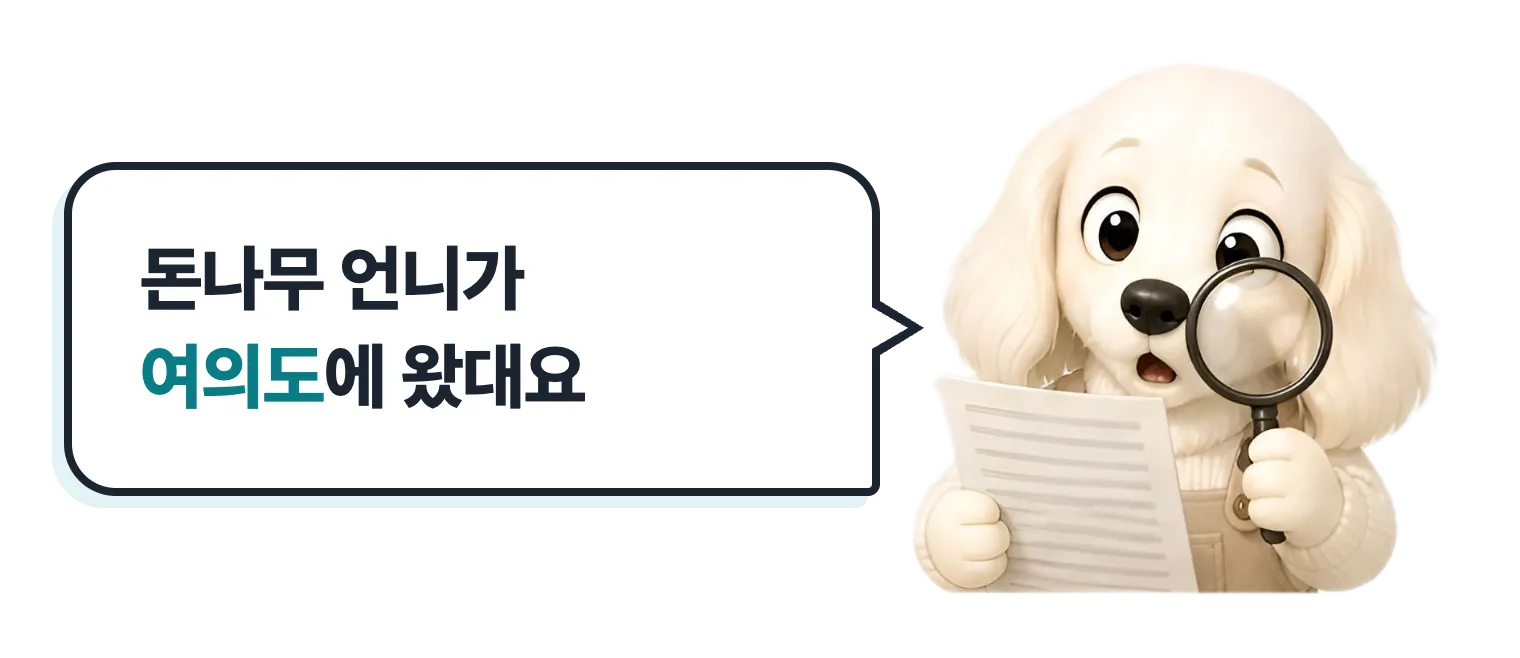 돋보기로 서류를 보는 닥스훈트 캐릭터: 돈나무 언니가 여의도에 왔대요