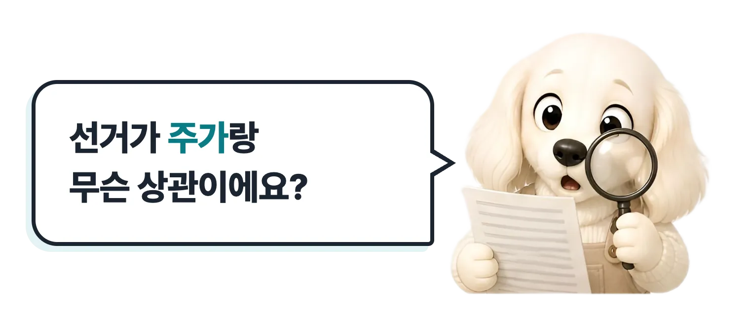 돋보기로 서류를 보는 닥스훈트 캐릭터: 선거가 주가랑 무슨 상관이에요?