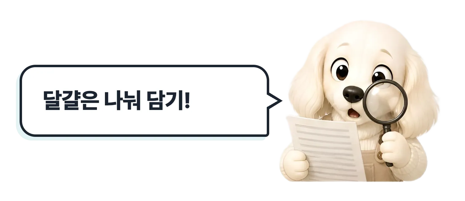 돋보기로 서류를 보는 닥스훈트 캐릭터: 달걀은 나눠 담기!