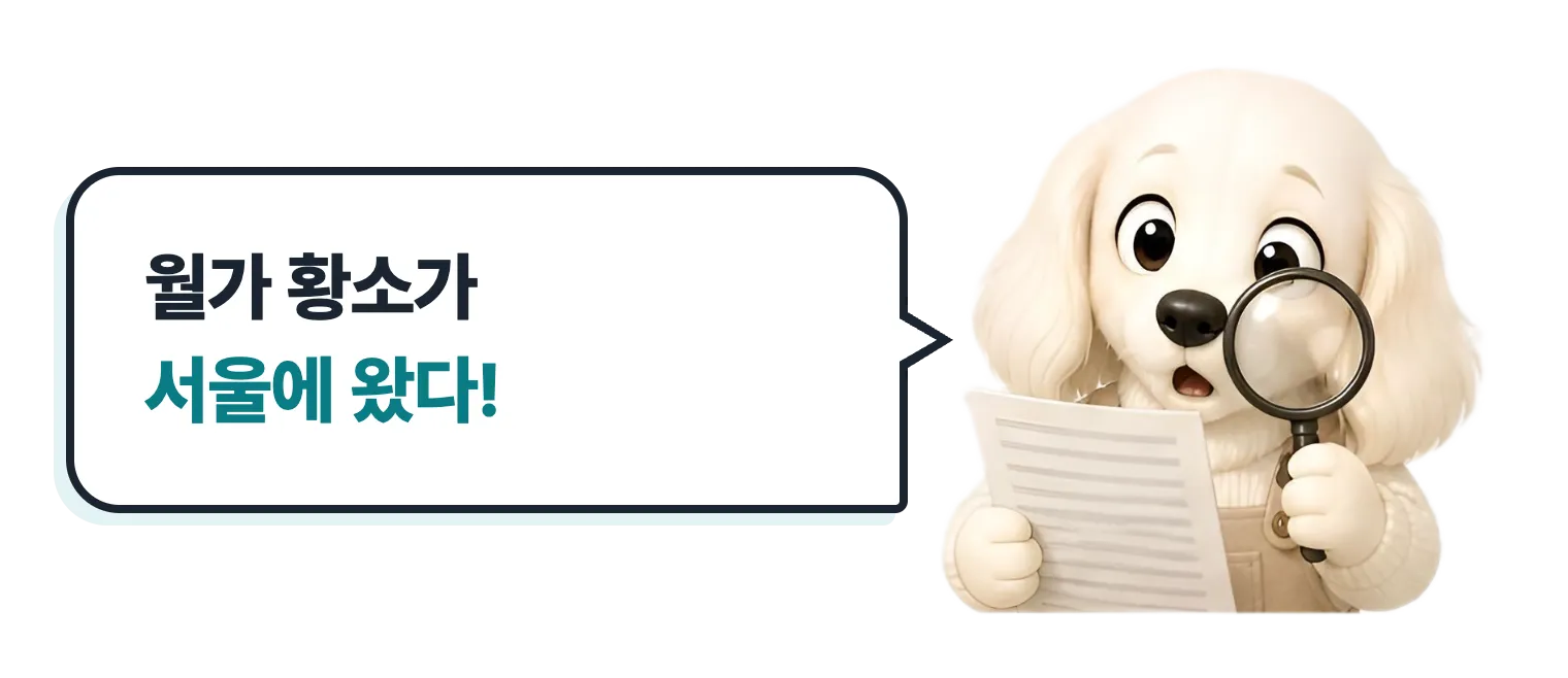 돋보기로 서류를 보는 닥스훈트 캐릭터: 월가 황소가 서울에 왔다!