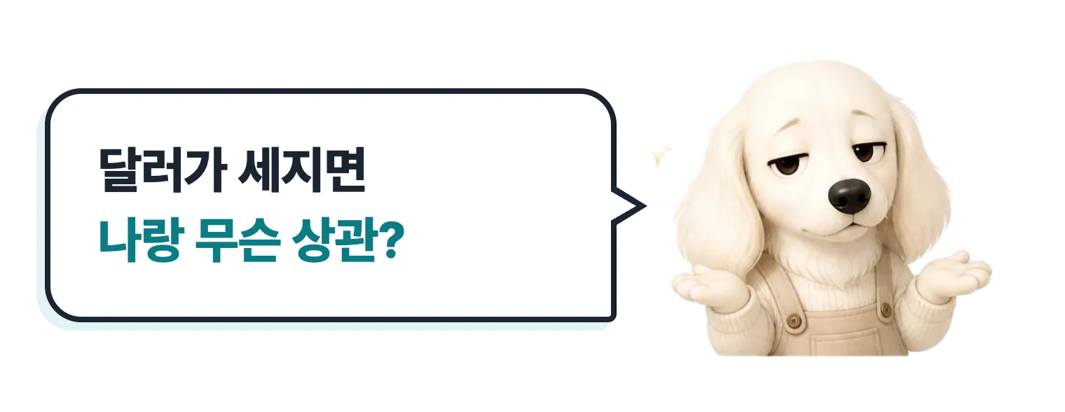 달러가 세지면 나랑 무슨 상관이냐며 어깨를 으쓱하는 닥스훈트 캐릭터