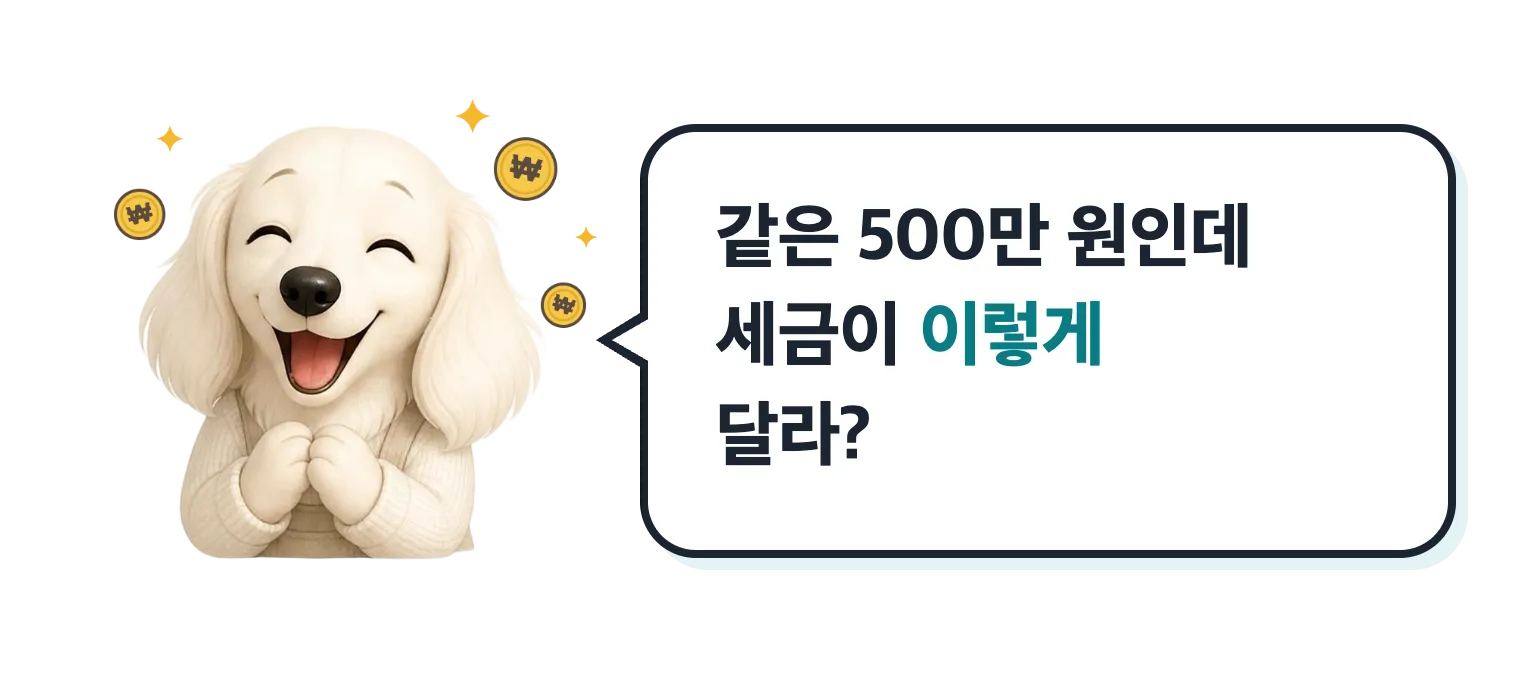 동전을 든 닥스훈트 캐릭터 설기: 같은 500만 원인데 세금이 이렇게 달라?