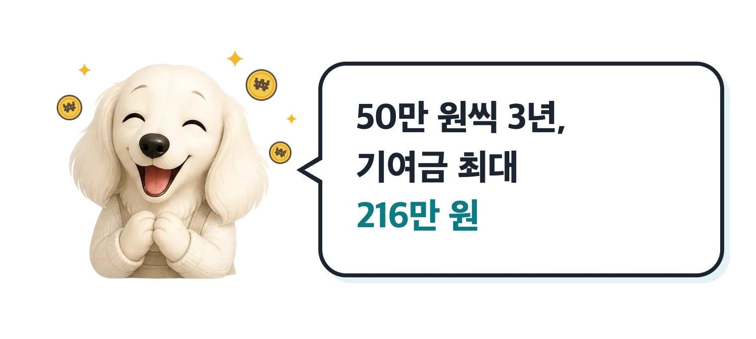 돈을 들고 웃는 닥스훈트 캐릭터: 50만 원씩 3년, 기여금 최대 216만 원