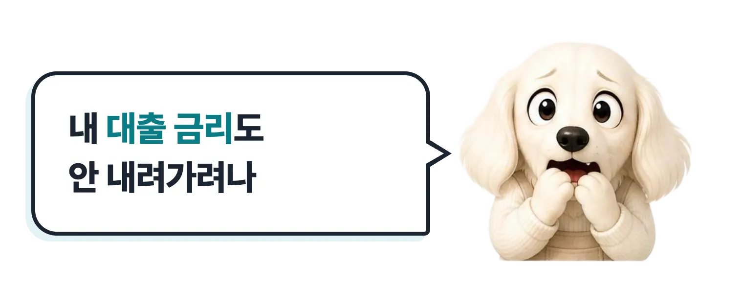 걱정하는 닥스훈트 캐릭터: 내 대출 금리도 안 내려가려나