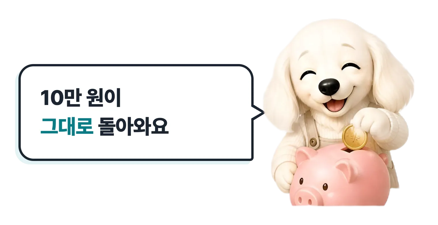 저금통을 든 닥스훈트 캐릭터: 10만 원이 그대로 돌아와요