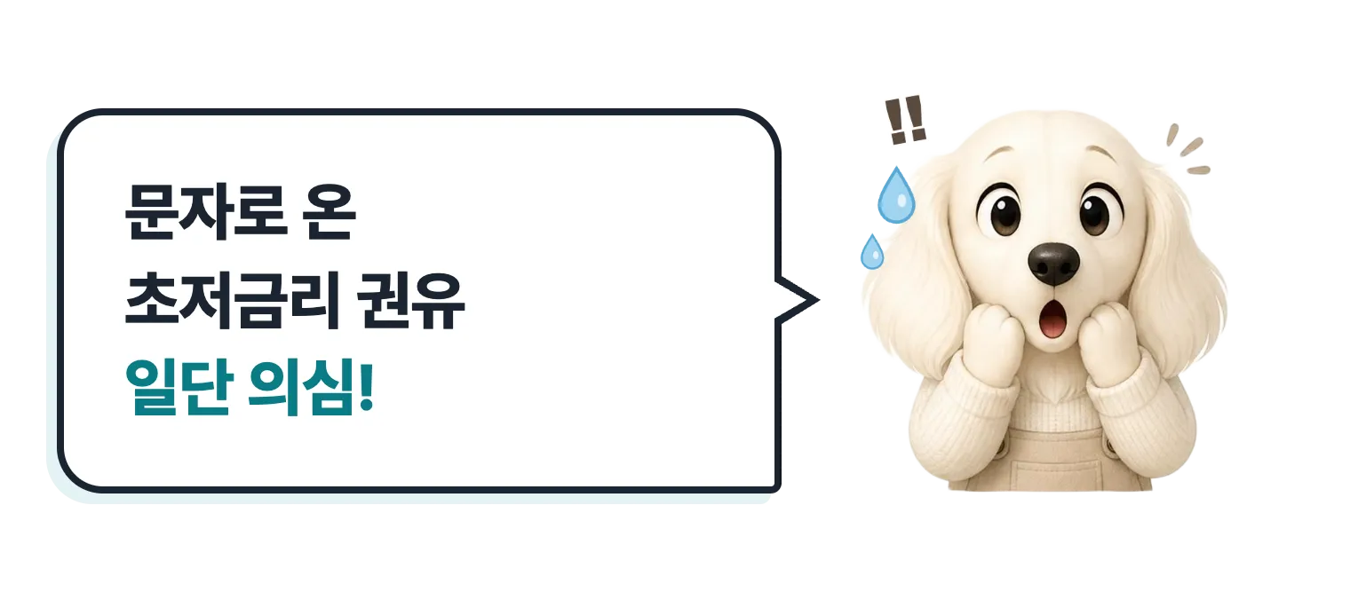 놀란 닥스훈트 캐릭터: 문자로 온 초저금리 권유는 일단 의심!