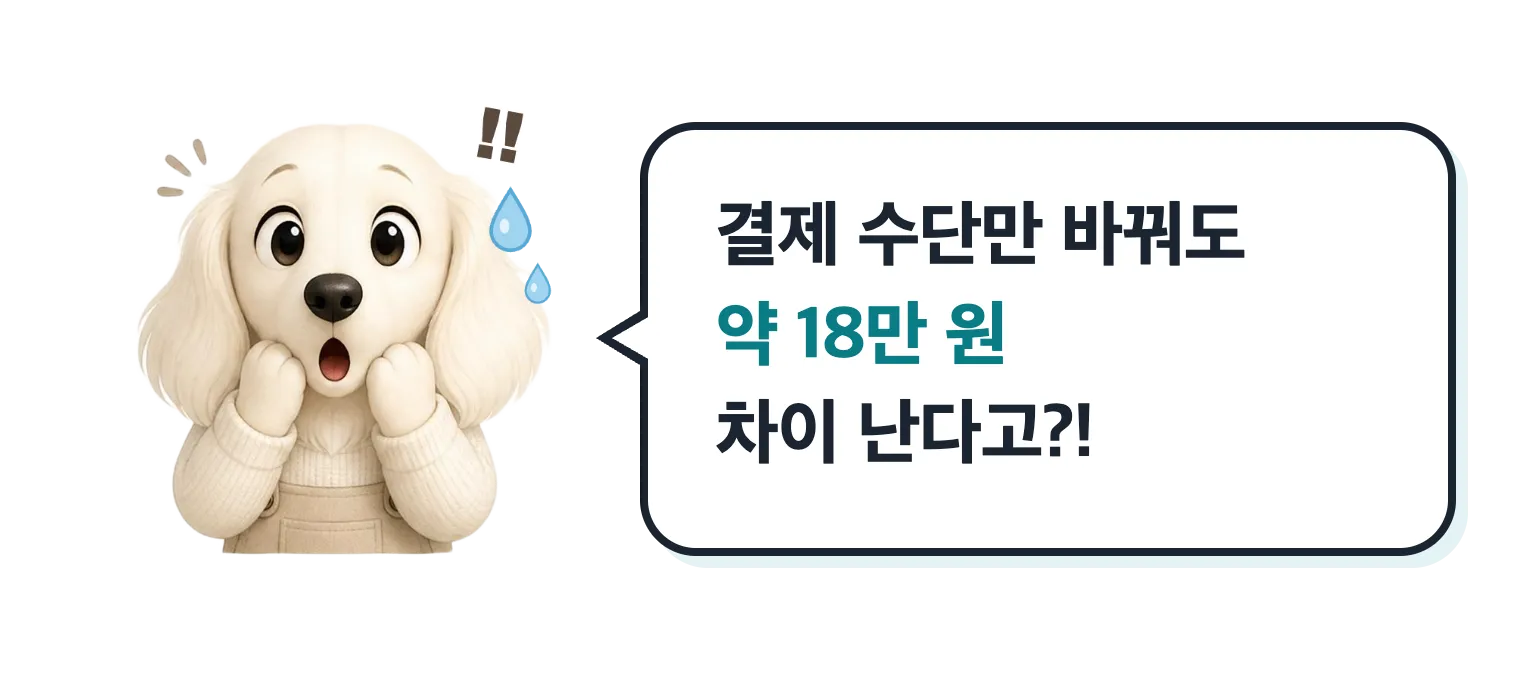 놀란 강아지 마스코트: 결제 수단만 바꿔도 약 18만 원 차이 난다고?!
