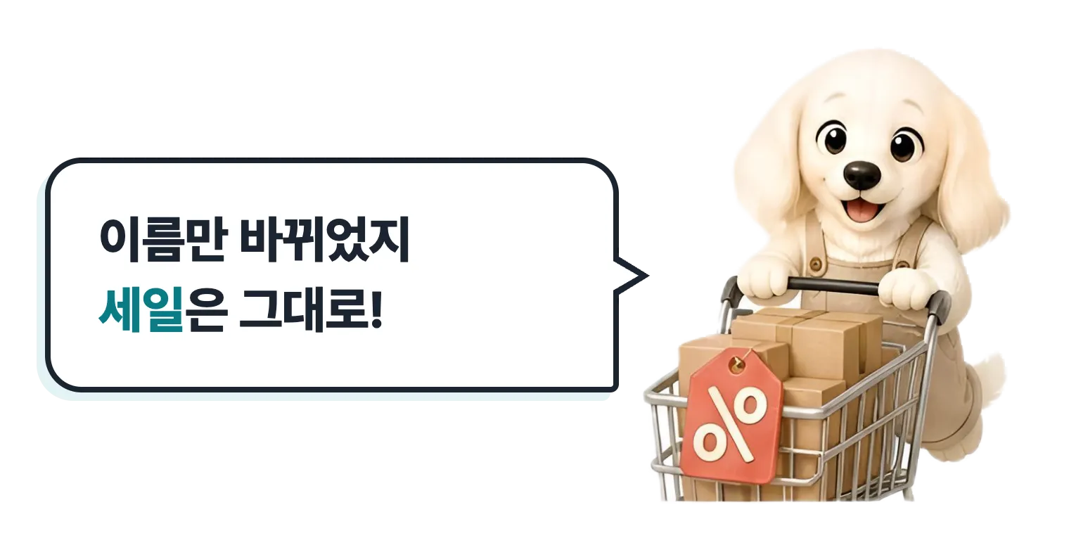 장바구니를 든 닥스훈트 캐릭터: 이름만 바뀌었지 세일은 그대로
