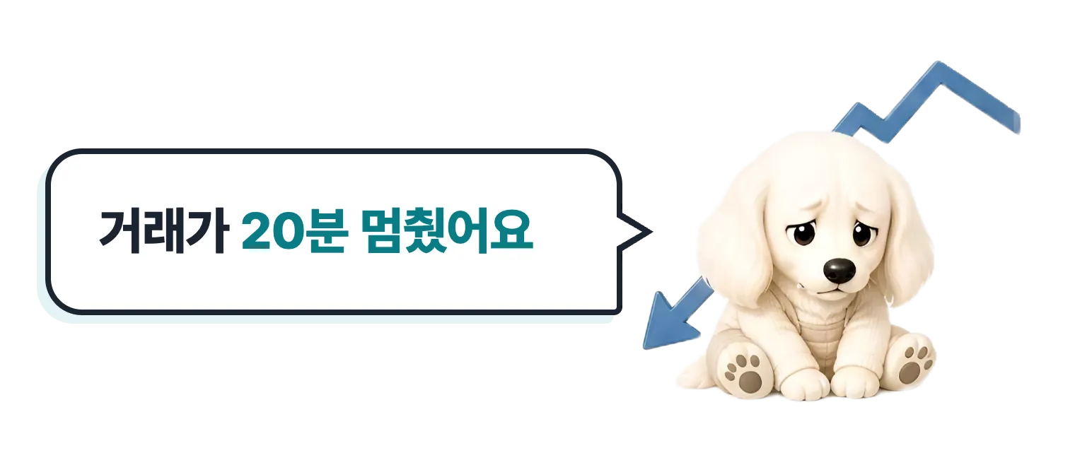 주가 내림에 시무룩한 닥스훈트 캐릭터: 거래가 20분 멈췄어요
