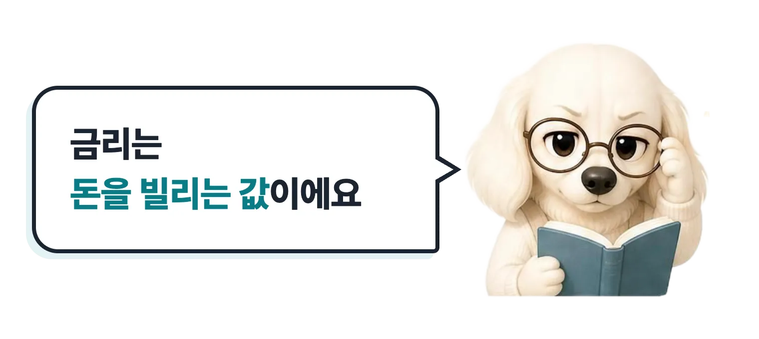 안경 쓰고 공부하는 닥스훈트 캐릭터: 금리는 돈을 빌리는 값이에요