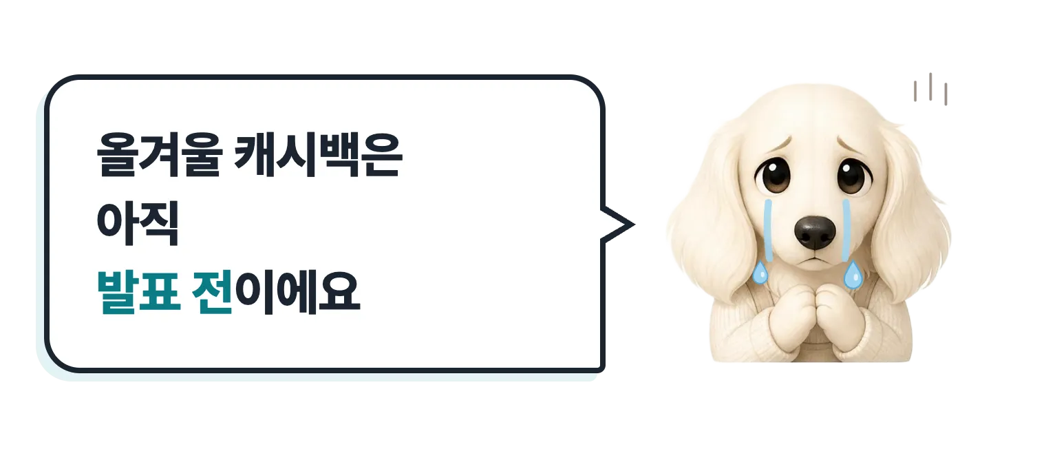 눈물 흘리는 닥스훈트 캐릭터: 올겨울 캐시백은 아직 발표 전이에요