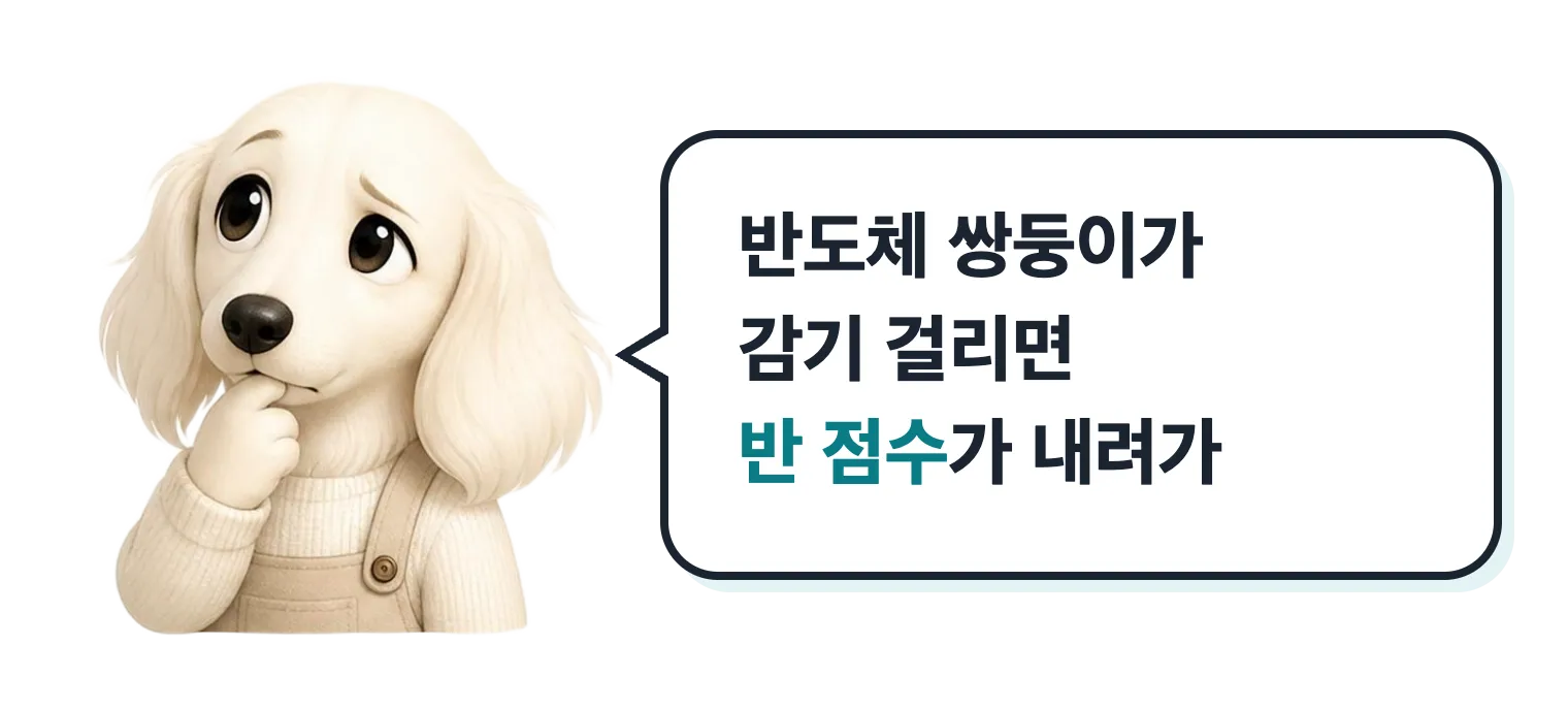고민하는 닥스훈트 캐릭터: 반도체 쌍둥이가 감기 걸리면 반 점수가 내려가