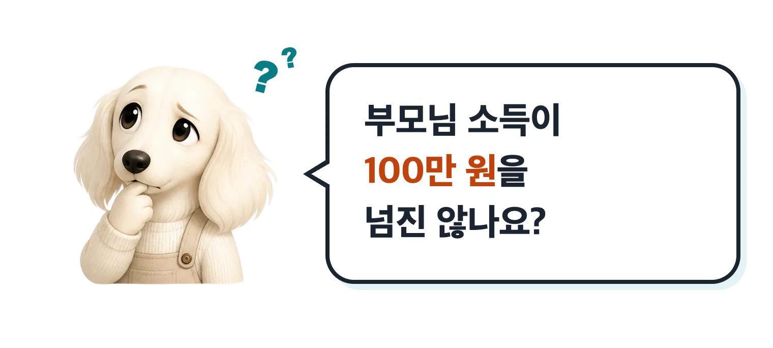 고민하는 강아지 마스코트: 부모님 소득이 100만 원을 넘진 않나요?