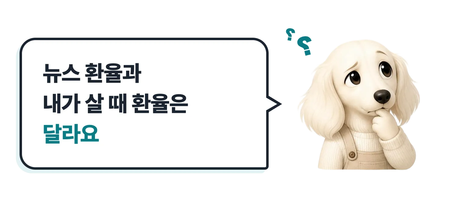 물음표를 띄운 닥스훈트 캐릭터: 뉴스 환율과 내가 살 때 환율은 달라요