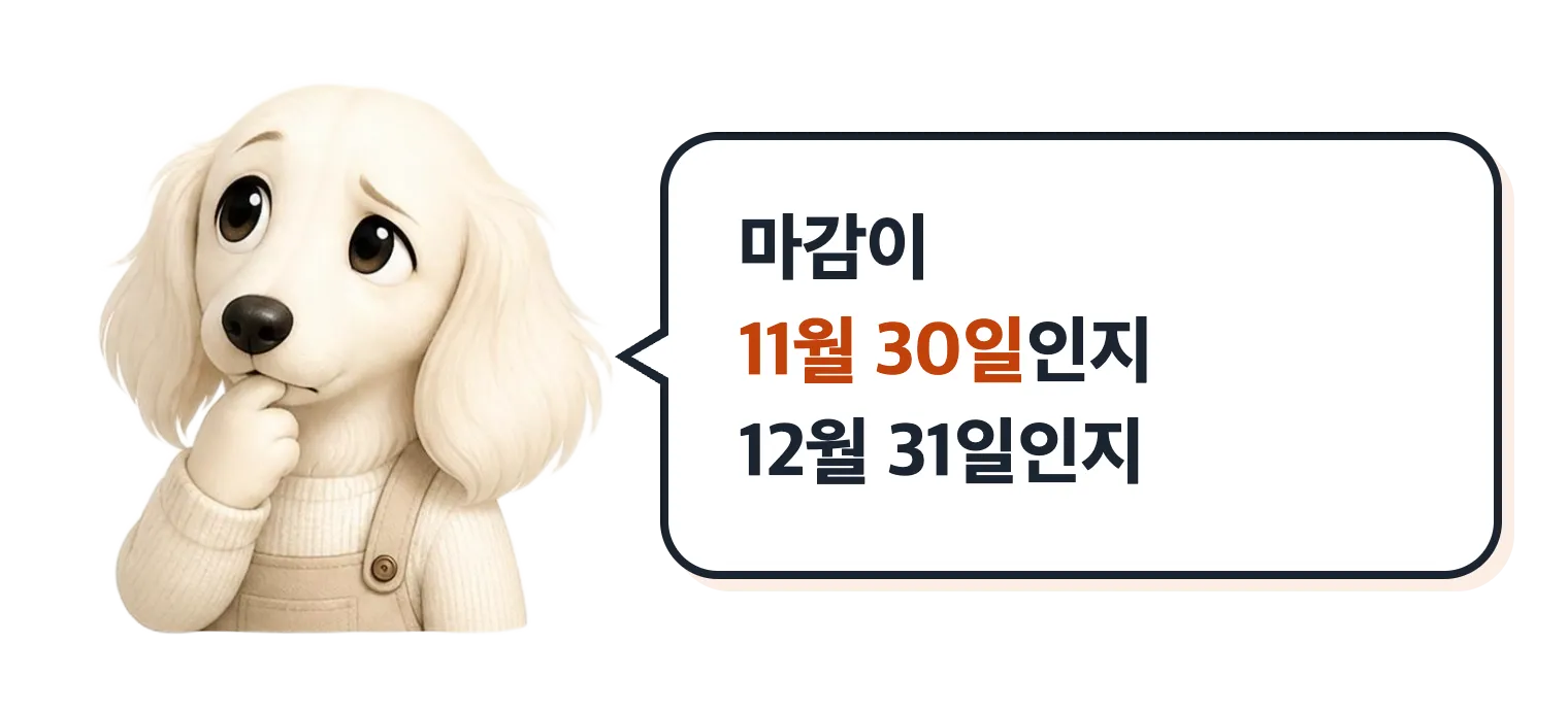 고민하는 닥스훈트 캐릭터 설기: 마감이 11월 30일인지 12월 31일인지