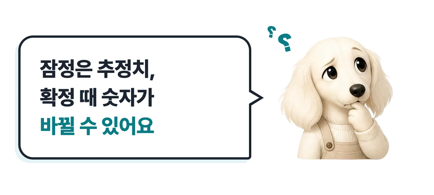 물음표를 띄운 닥스훈트 캐릭터: 잠정은 추정치, 확정 때 숫자가 바뀔 수 있어요