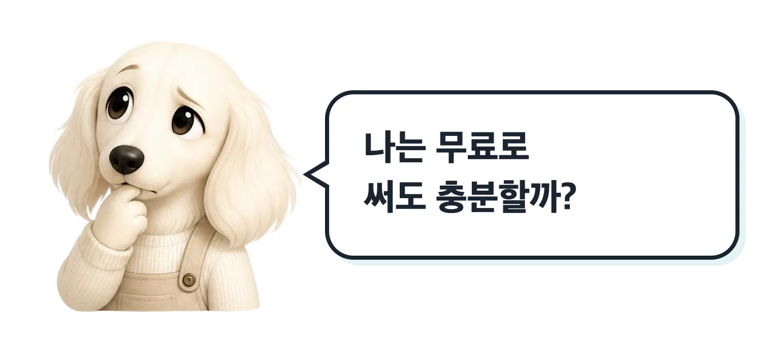 고민하는 닥스훈트 캐릭터: 나는 무료로 써도 충분할까?