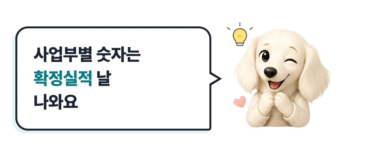 윙크하는 닥스훈트 캐릭터: 사업부별 숫자는 확정실적 날 나와요