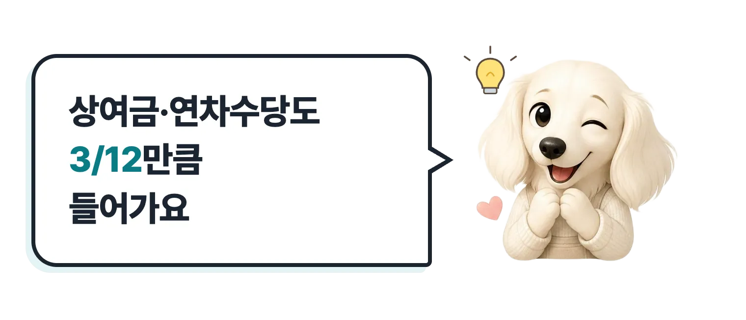 윙크하는 닥스훈트 캐릭터 설기: 상여금과 연차수당도 3/12만큼 들어가요