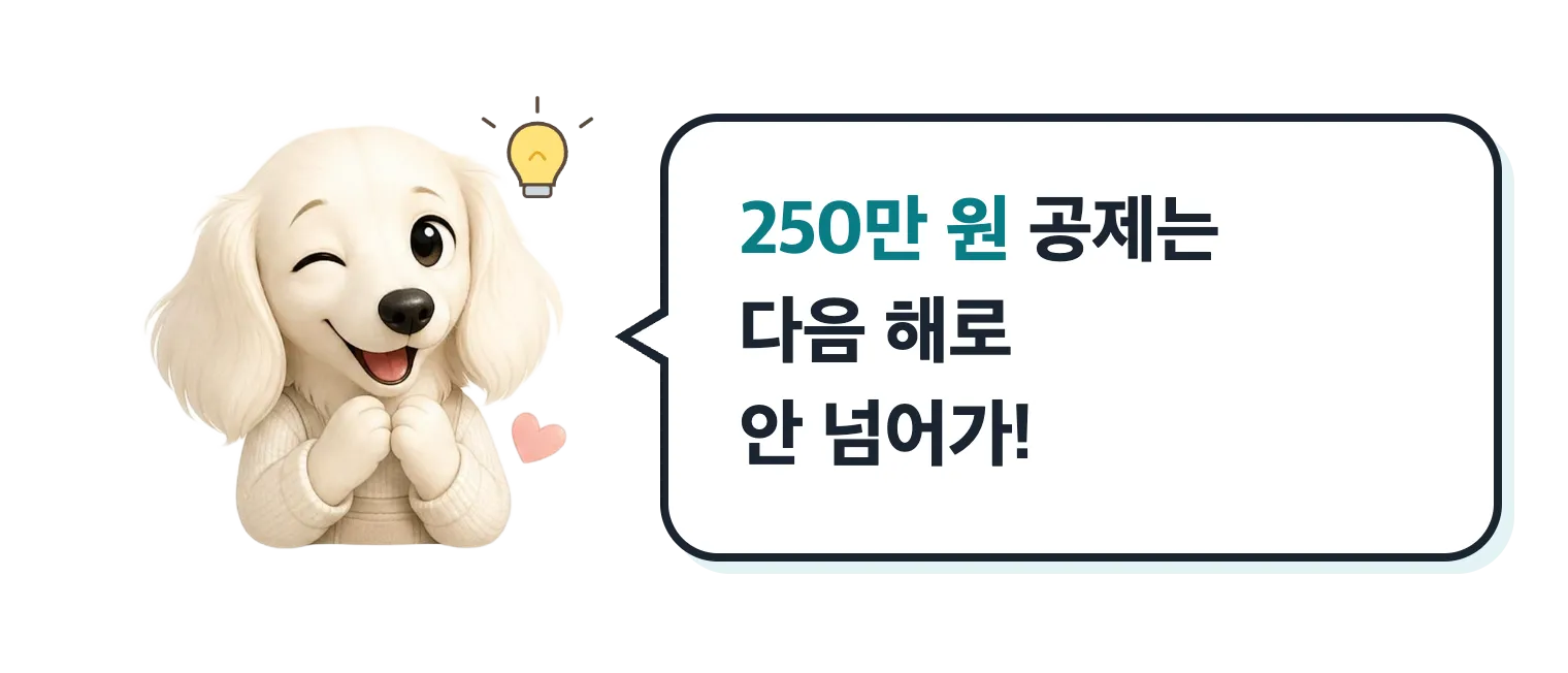 윙크하는 닥스훈트 캐릭터 설기: 250만 원 공제는 다음 해로 안 넘어가!
