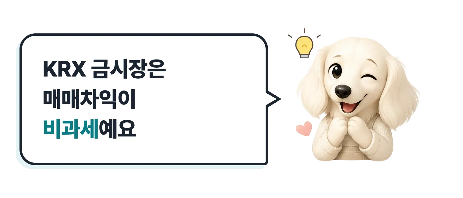 윙크하는 닥스훈트 캐릭터: KRX 금시장은 매매차익이 비과세예요
