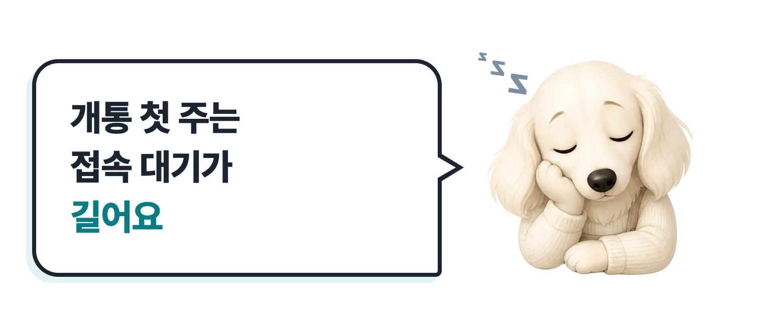 하품하는 닥스훈트 캐릭터: 개통 첫 주는 접속 대기가 길어요