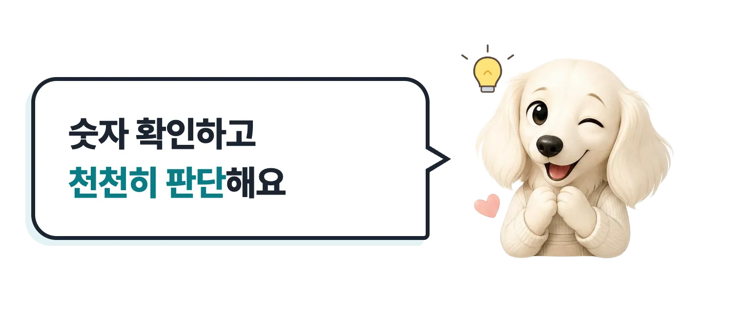 윙크하는 닥스훈트 캐릭터: 숫자 확인하고 천천히 판단해요