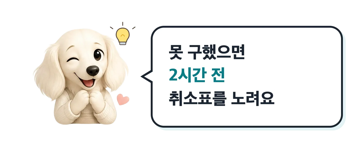 윙크하는 닥스훈트 캐릭터: 못 구했으면 경기 2시간 전 취소표를 노려요
