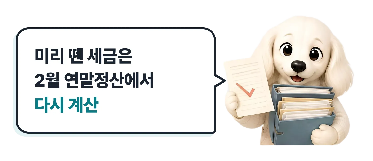 서류철을 든 닥스훈트 캐릭터: 미리 뗀 세금은 2월 연말정산에서 다시 계산