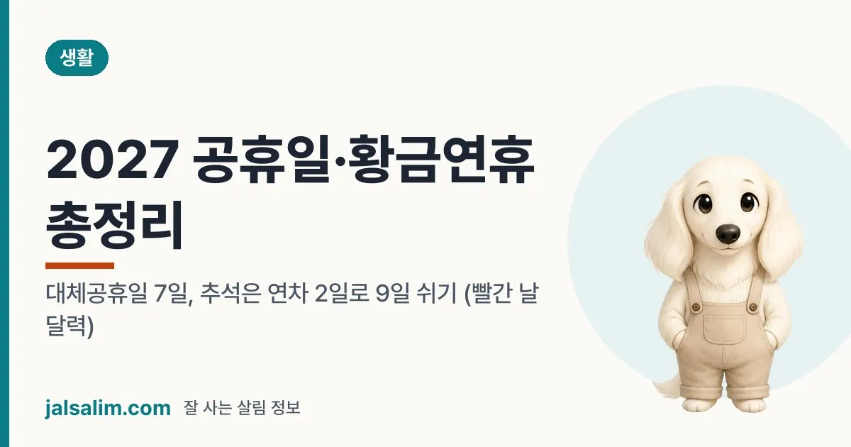 2027 공휴일·황금연휴 총정리: 대체공휴일 7일, 추석은 연차 2일로 9일 쉬기 (빨간 날 달력) 대표 이미지
