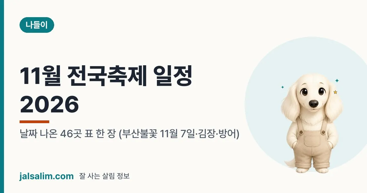 11월 전국축제 일정 2026: 날짜 나온 46곳 표 한 장 (부산불꽃 11월 7일·김장·방어) 대표 이미지