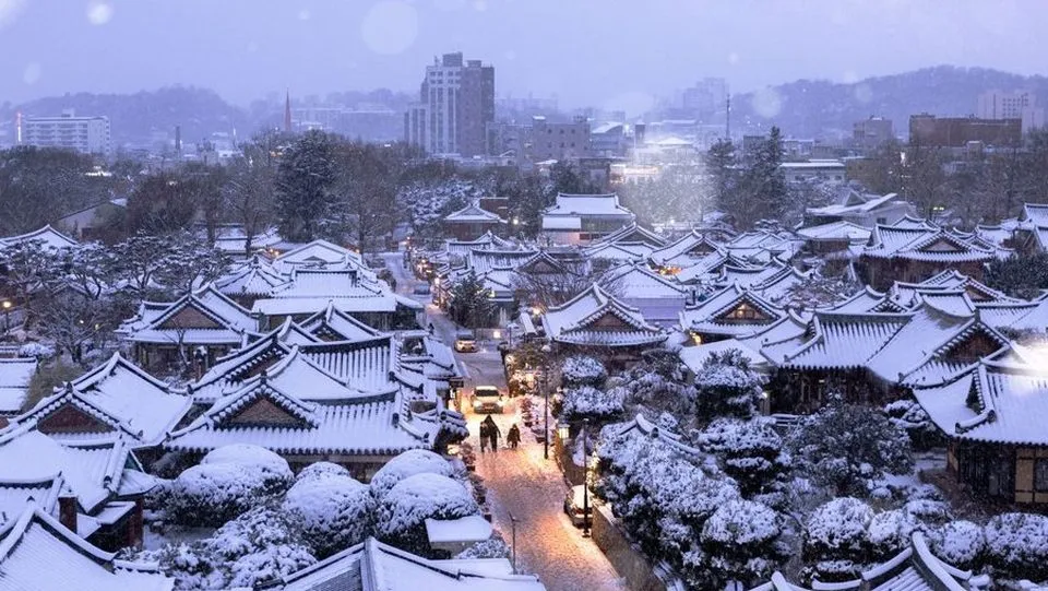 첫눈이 내린 전주 한옥마을 지붕들